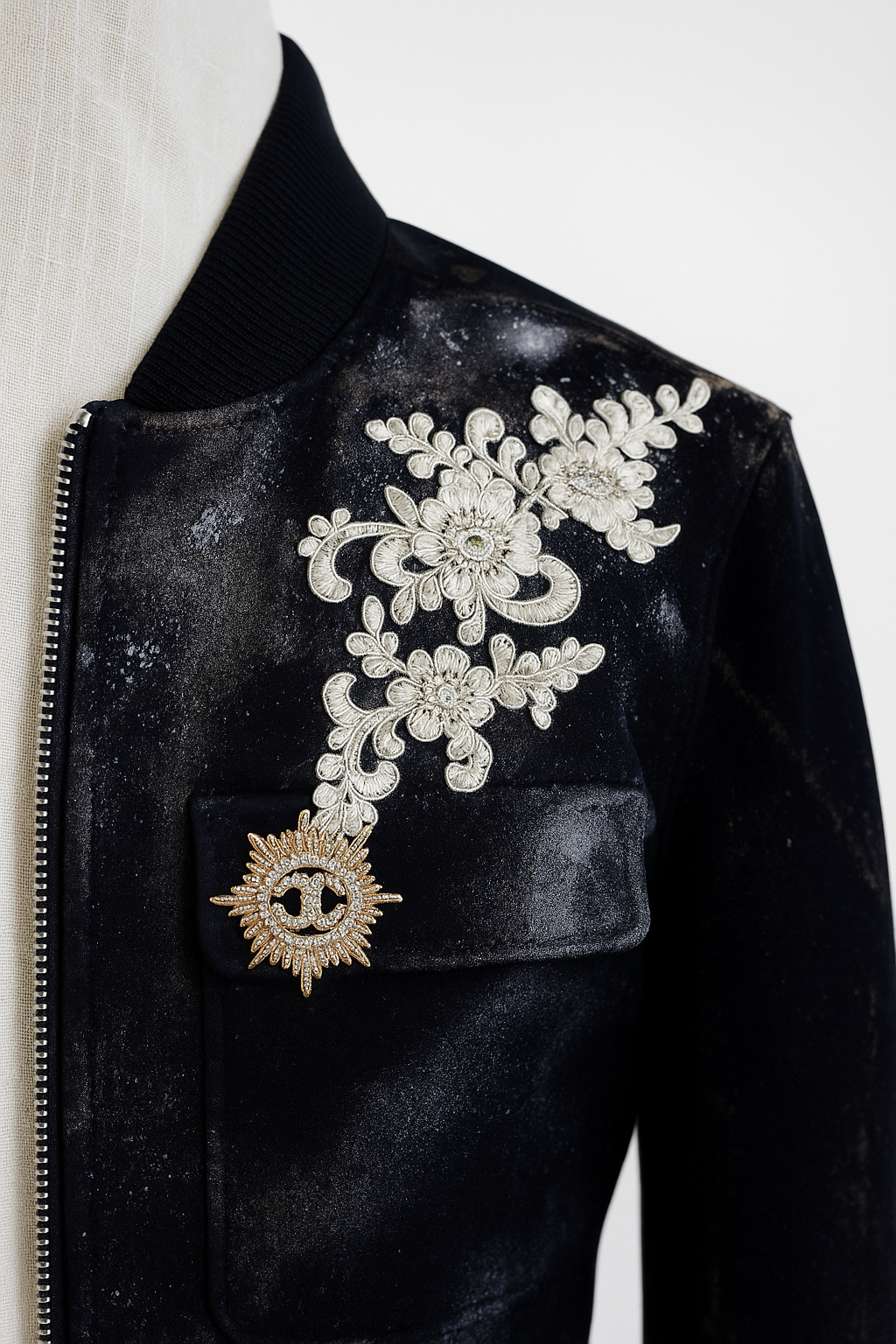 Denim Embroided Bomber Jacket